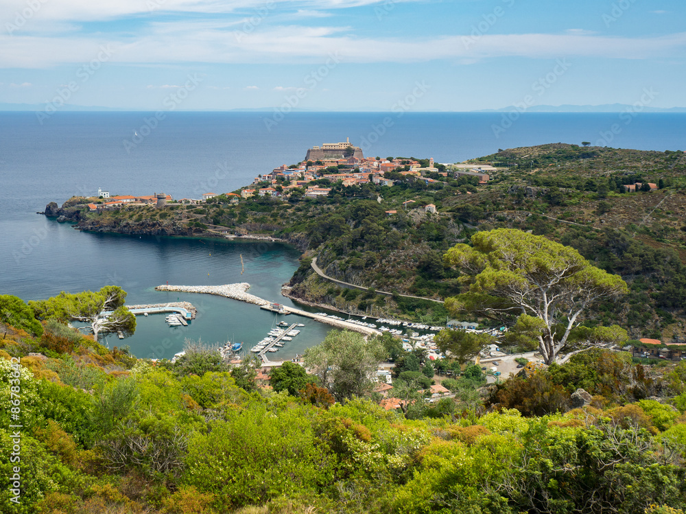 Panoramic view of Capraia town and harbour with Elba