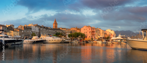 Panorama of beautiful Saint Florent town and harbour, Corsica photo