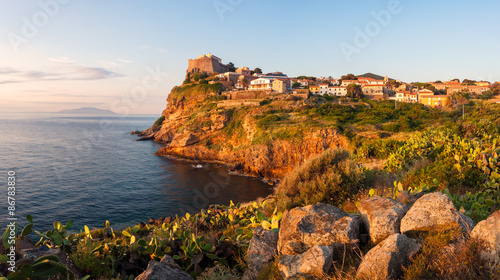 Panorama of Capraia city on the rock of Isola di Capraia island