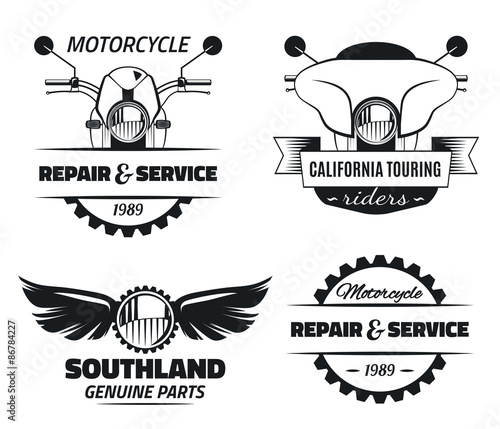 Set of vintage motorcycle labels. Motorcycle engineering repair service and touring motorcycle club emblems