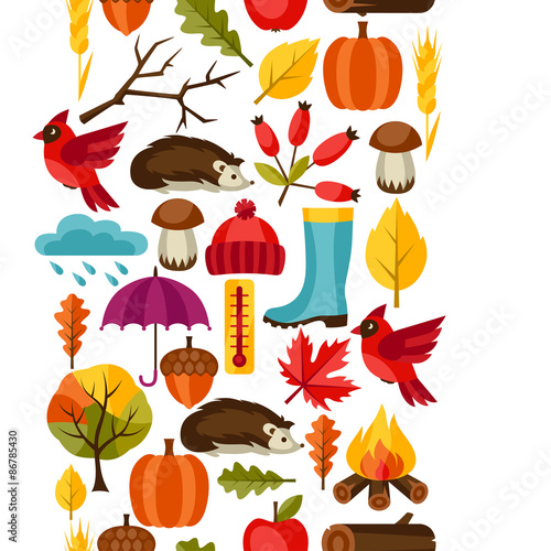 Seamless pattern with autumn icons and objects