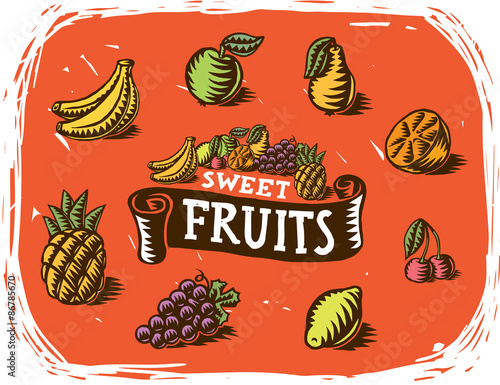 Set of sweet fuits hand drawn vintage icons and ribbon