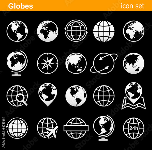 Globes Icons and Symbols - Illustration.Vector set of globe icons on dark bac...
