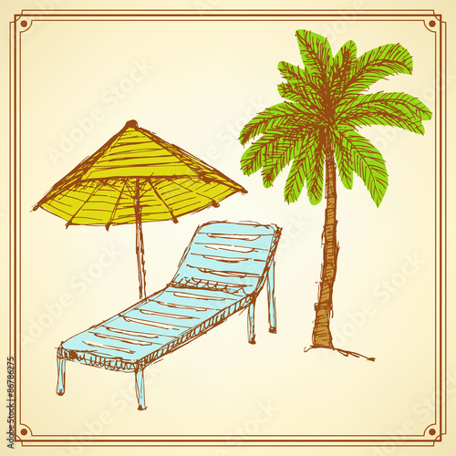 Sketch palm and deck chair in vintage style