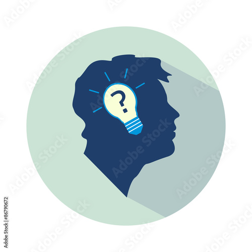 Vector flat business idea design - head with bulb and question mark.
