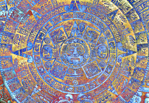 Ancient Mayan Calendar, abstract color Background. © jozefklopacka