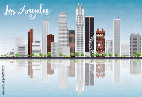 Los Angeles Skyline with Grey Buildings and Blue Sky