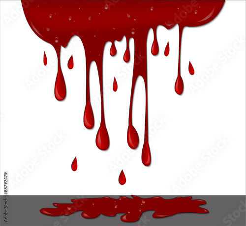 Red blood liquid leaking from top on white background with a spill on floor