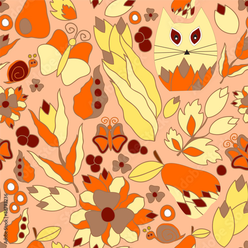 vector seamless pattern with flower,cat and butterfly, cartoon d