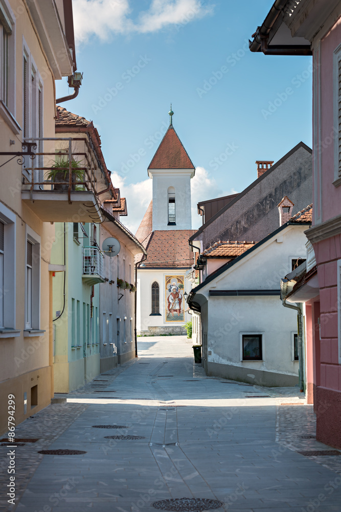 Panorama of Kranj, Slovenia, Europe. Kranj in Slovenia with Pungart in the background.