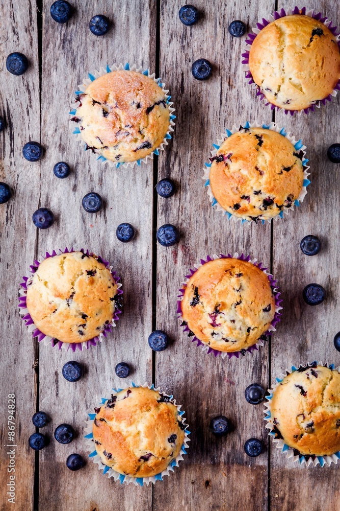 homemade muffins with blueberries top view homemade muffins with blueberries top view