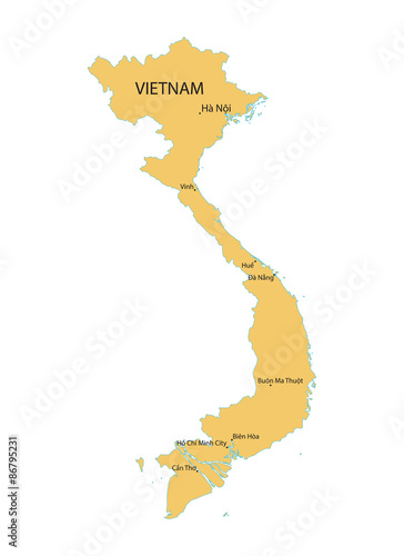 yellow vector map of Vietnam with indication of largest cities