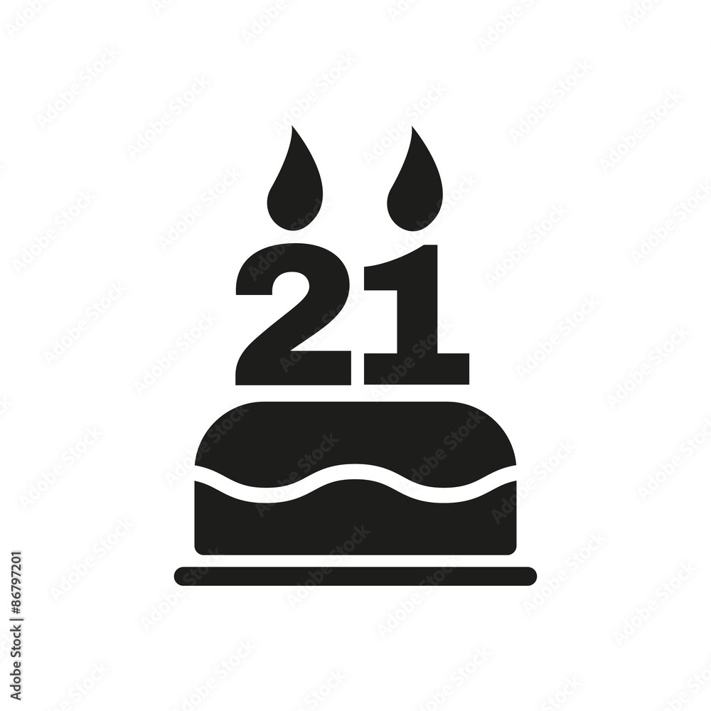 The birthday cake with candles in the form of number 21 icon. Birthday symbol. Flat The birthday cake with candles in the form of number 21 icon. Birthday symbol. Flat
