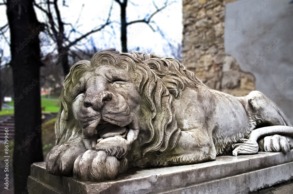 Powerfull sculpture of stone lion in Lviv