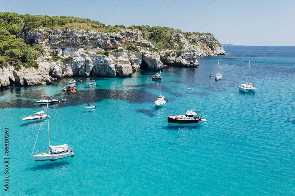 Stunning view of Macarella bay and azure sea water, Menorca, Bal