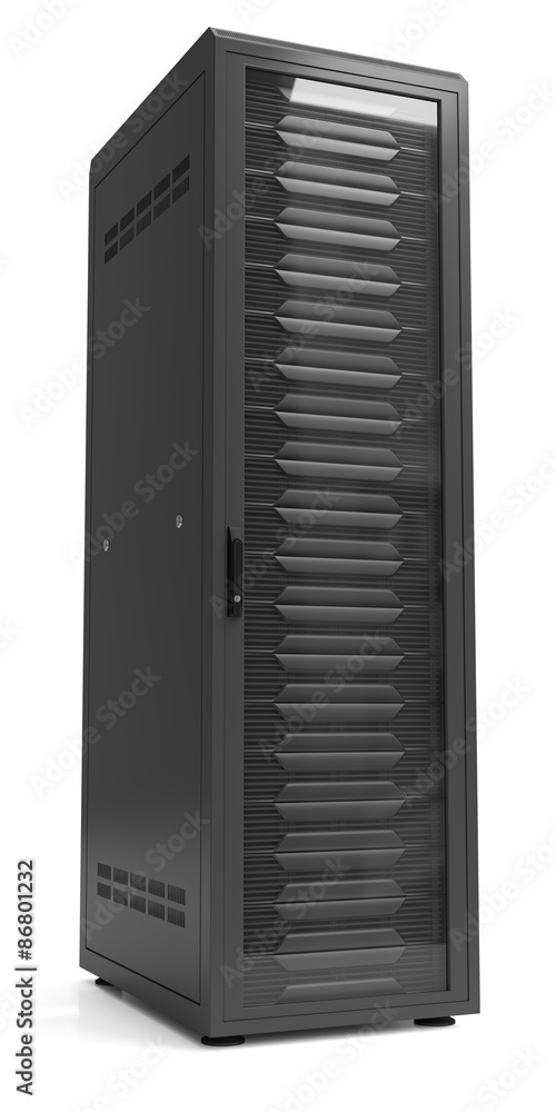 Network server racks in server cabinet isolated on white. Network server racks in server cabinet isolated on white.