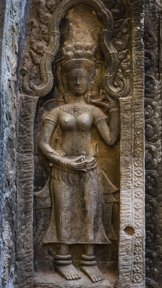 Detail Carvings of Devata in Ta Prohm Temple