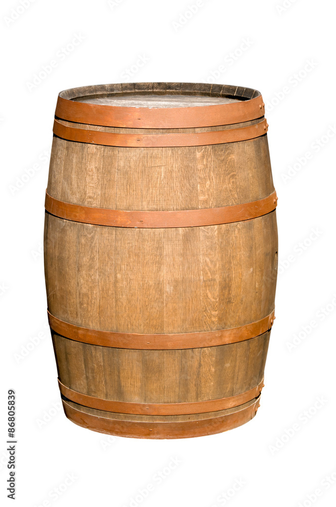 Wooden barrel with iron rings. Isolated on white background. Wooden barrel with iron rings. Isolated on white background.