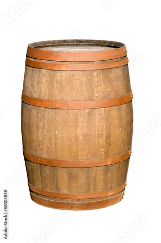 Wooden barrel with iron rings. Isolated on white background. © golandr
