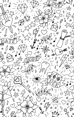 Hand drawn tattoo seamless pattern