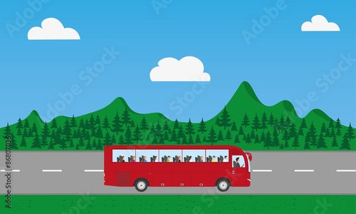 Touristic bus with kids in europe mountains with trees © sashazerg