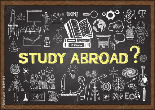 Doodles about study abroad on chalkboard.