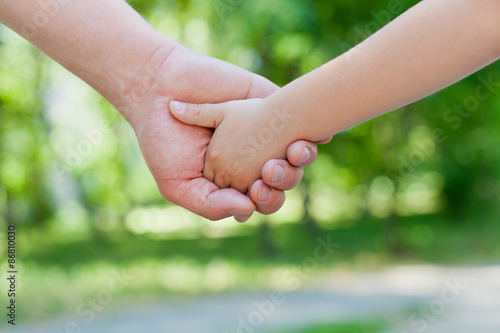 Father holds the hand of a little child in sunny park outdoor, united family concept, nature background, shallow dof © juliasudnitskaya