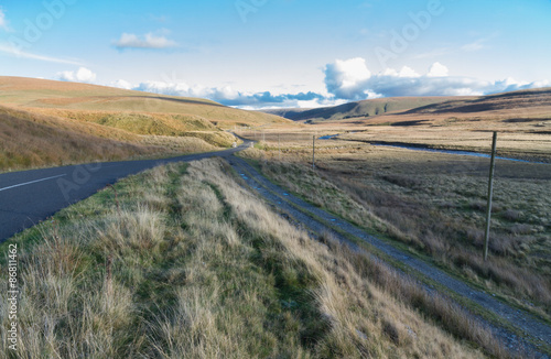 Road through British grassy wilderness, evening. photo