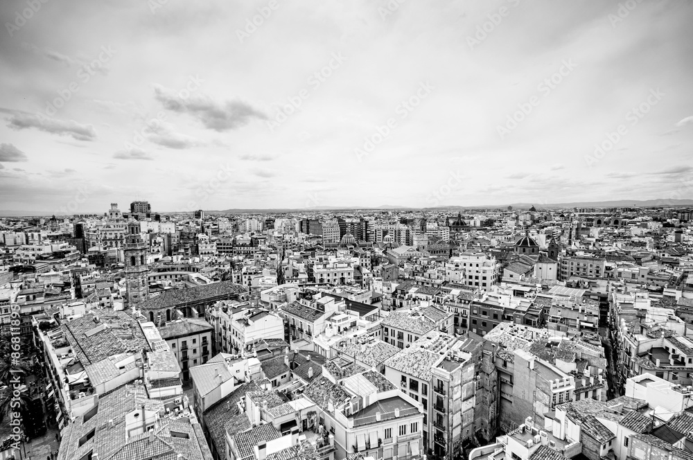 Black and white above view of Valencia, Spain
