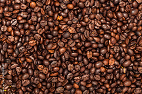 Roasted coffee beans. Top view.