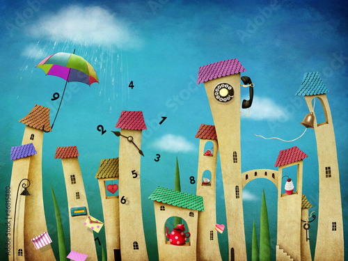 Plakat Plakat lub kartka z wesołym tańczącym miastem