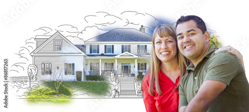 Mixed Race Couple Over House Drawing and Photo
