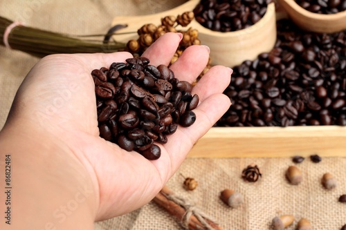 Roasted coffee beans on sack brown background.