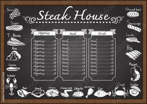 Steak house menu on chalkboard design template.