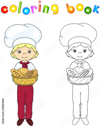 Baker in a cap holding a basket with bread, rolls and baguettes.