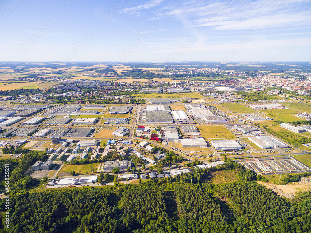 Aerial view to industrial zone and technology park on Bory suburb of Pilsen city in Czech Republic, Europe. 