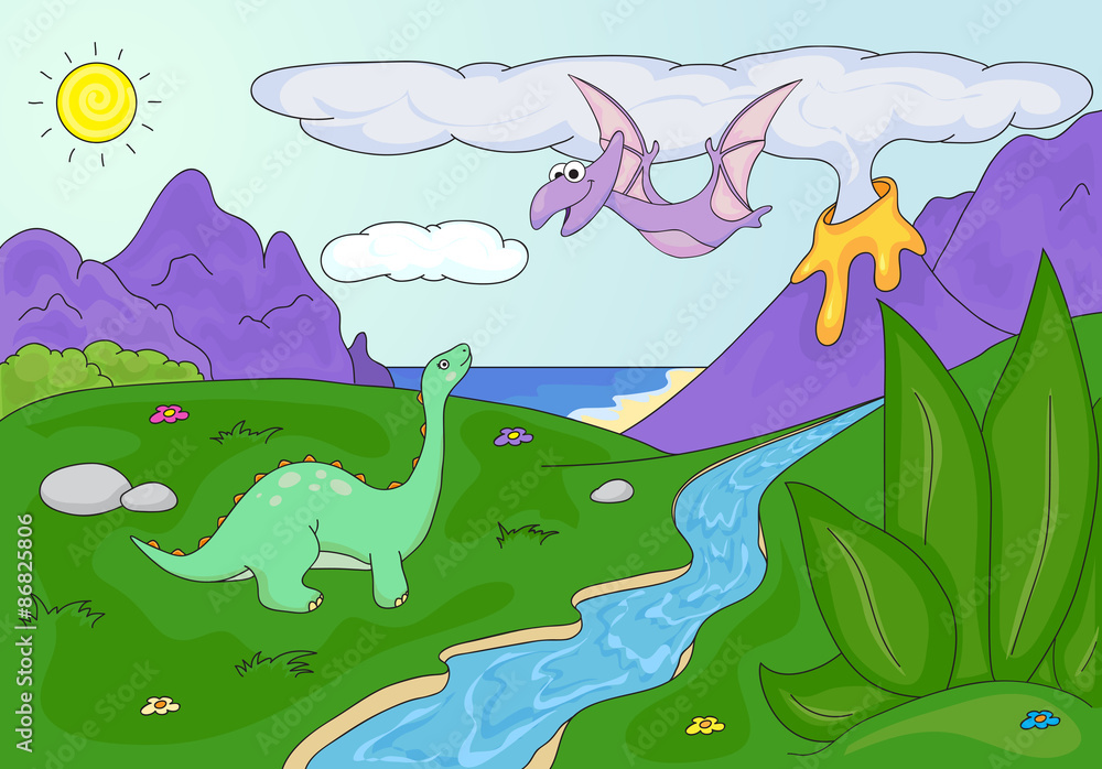 Obraz premium Dinosaurs diplodocus and pterodactyl on a background of prehist