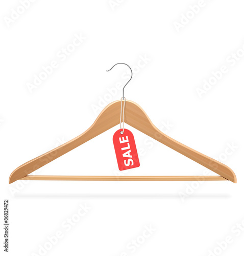 Wood hanger with tag isolated on white background. Vector illustration