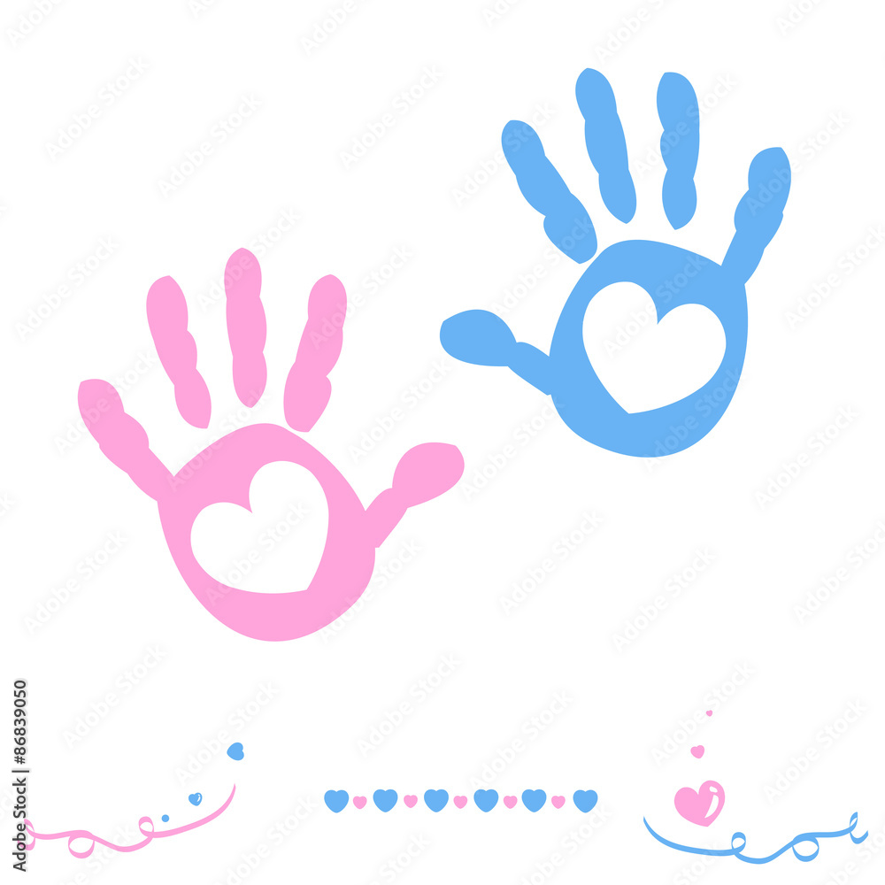 Obraz premium Twin baby girl and boy hand prints arrival greeting card vector