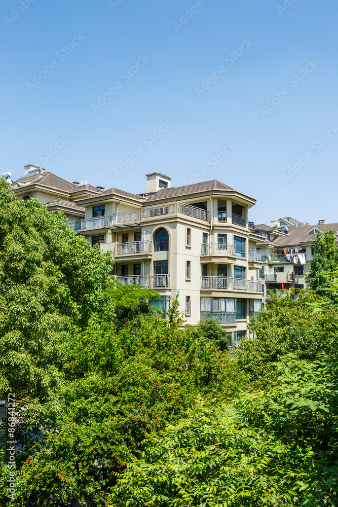 apartment building in suburban area