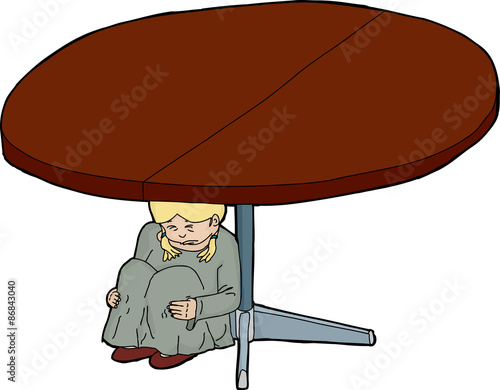 Cartoon of Scared Girl Under Table