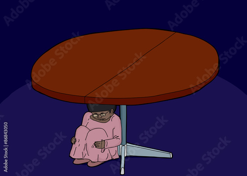 Scared Girl Hiding Under Table