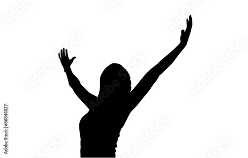 Woman Celebrates Winning Attitude Arms Outstretched Reaching Upw