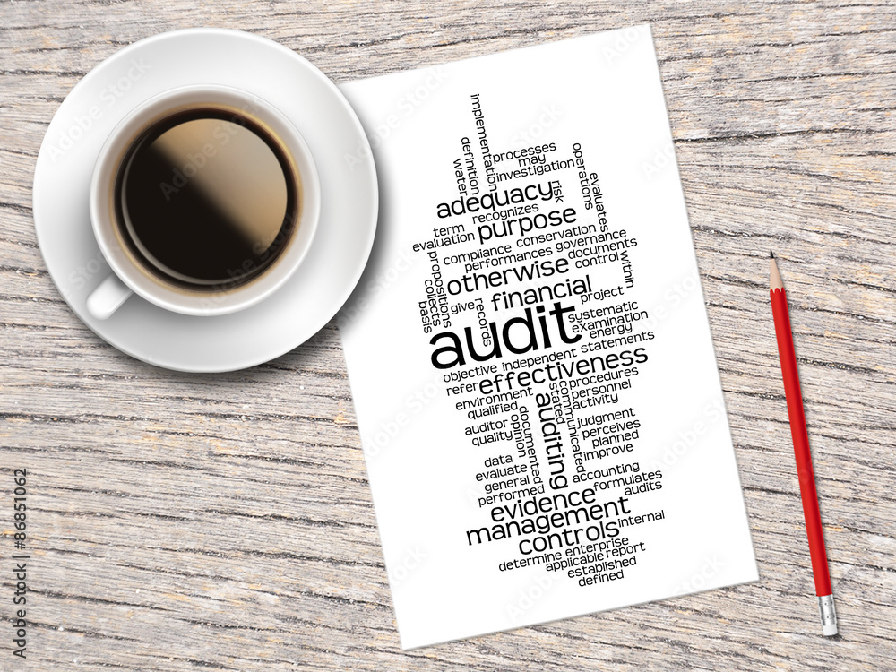 Coffee, Pencil And A Note Contain Word Clouds Of Audit Coffee, Pencil And A Note Contain Word Clouds Of Audit