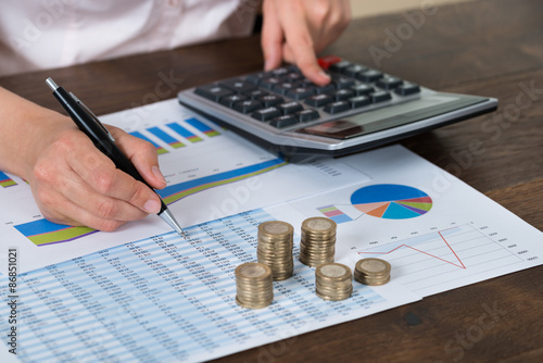 Businessperson With Coins Over Graph And Report