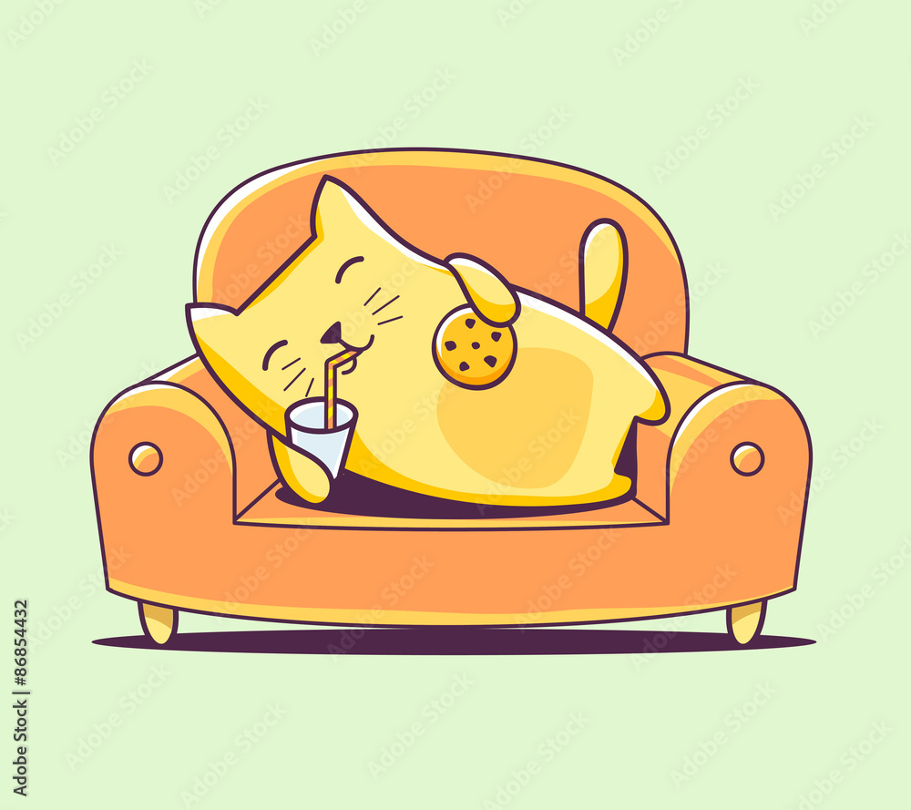 Vector illustration of color character cat lying on the sofa wit vector