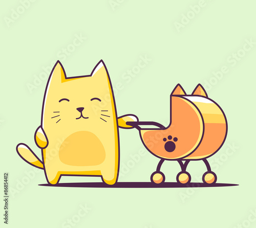 Vector illustration of color character cat with baby carriage on