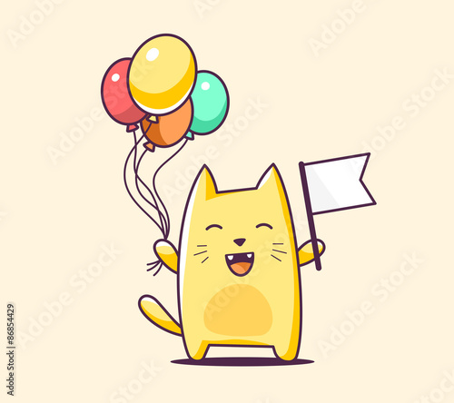 Vector illustration of color bcharacter cat with flag and balloo