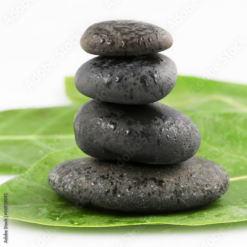 Balanced black zen stones on green leaves