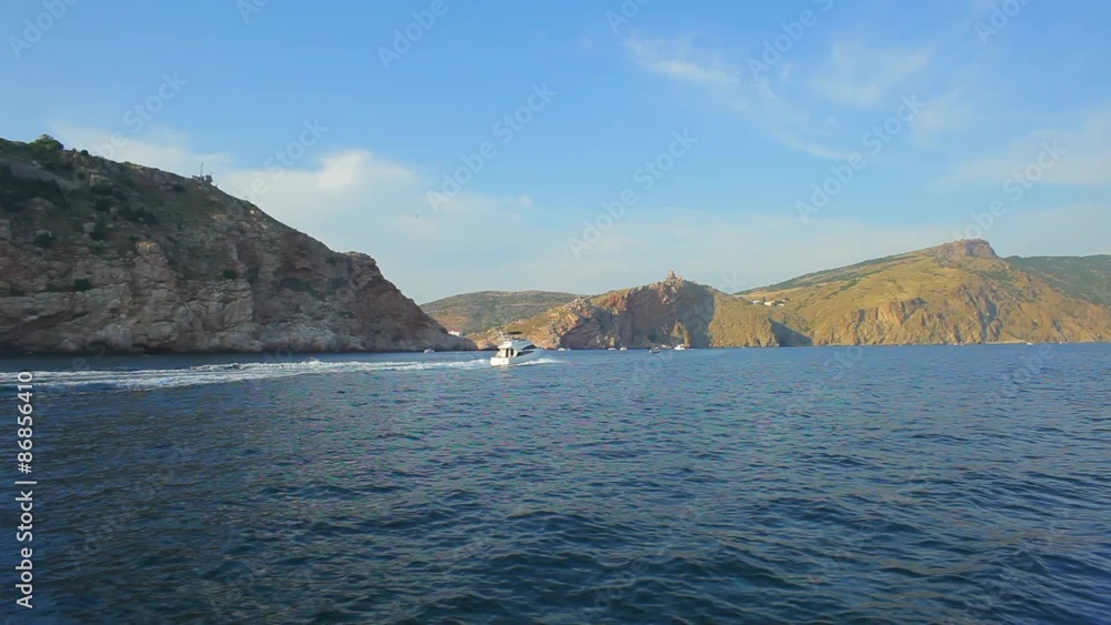 Motor Yacht Motion Parallel Rocky Coast Motor Yacht Motion Parallel Rocky Coast